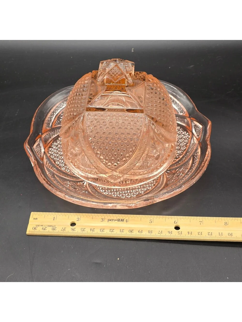 Vintage EAPG Massachusetts Pattern Pink Glass Covered Butter / Cheese Dish